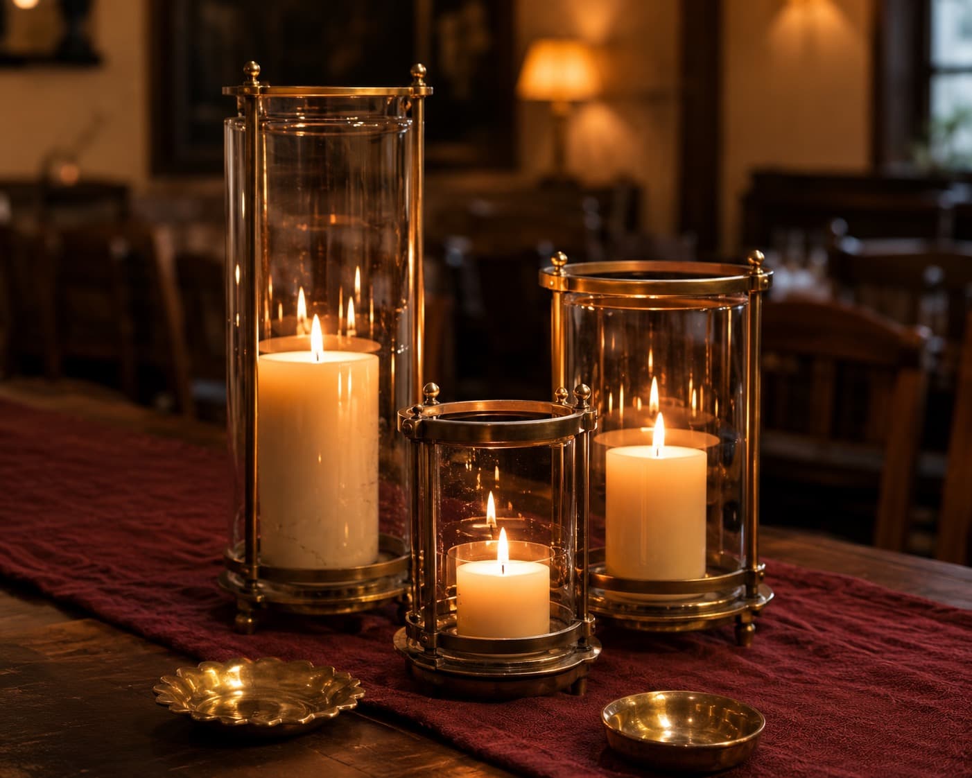 Enclosed candle lanterns reflecting across a burgundy linen table runner