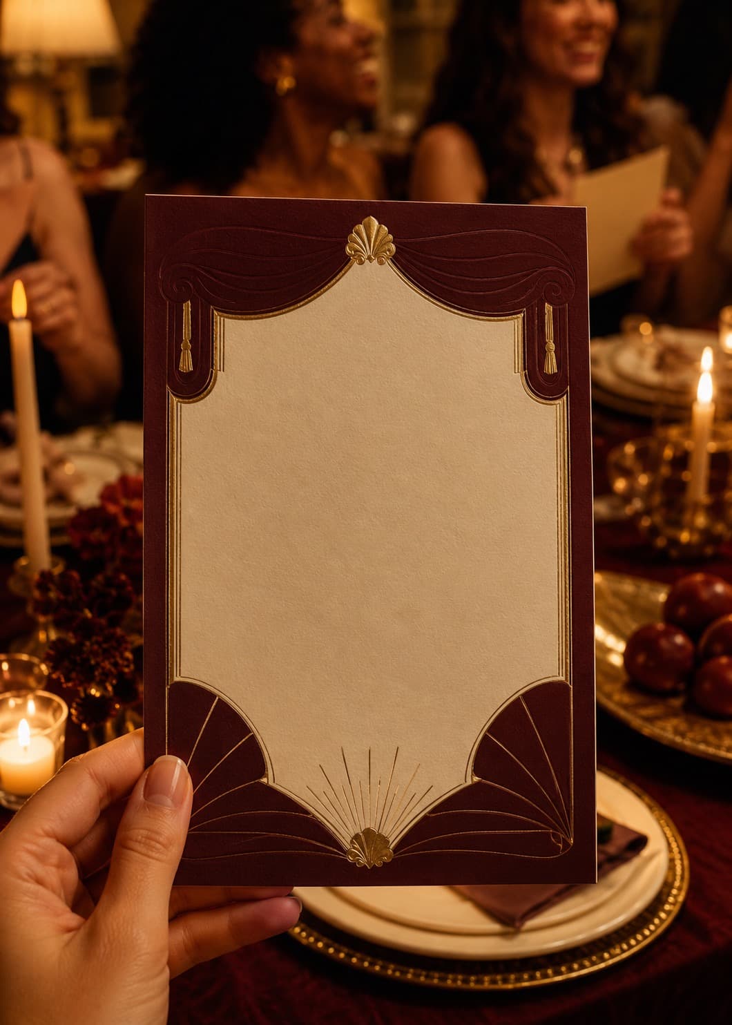 Invitation poster on textured ivory paper with burgundy shapes and gold rules