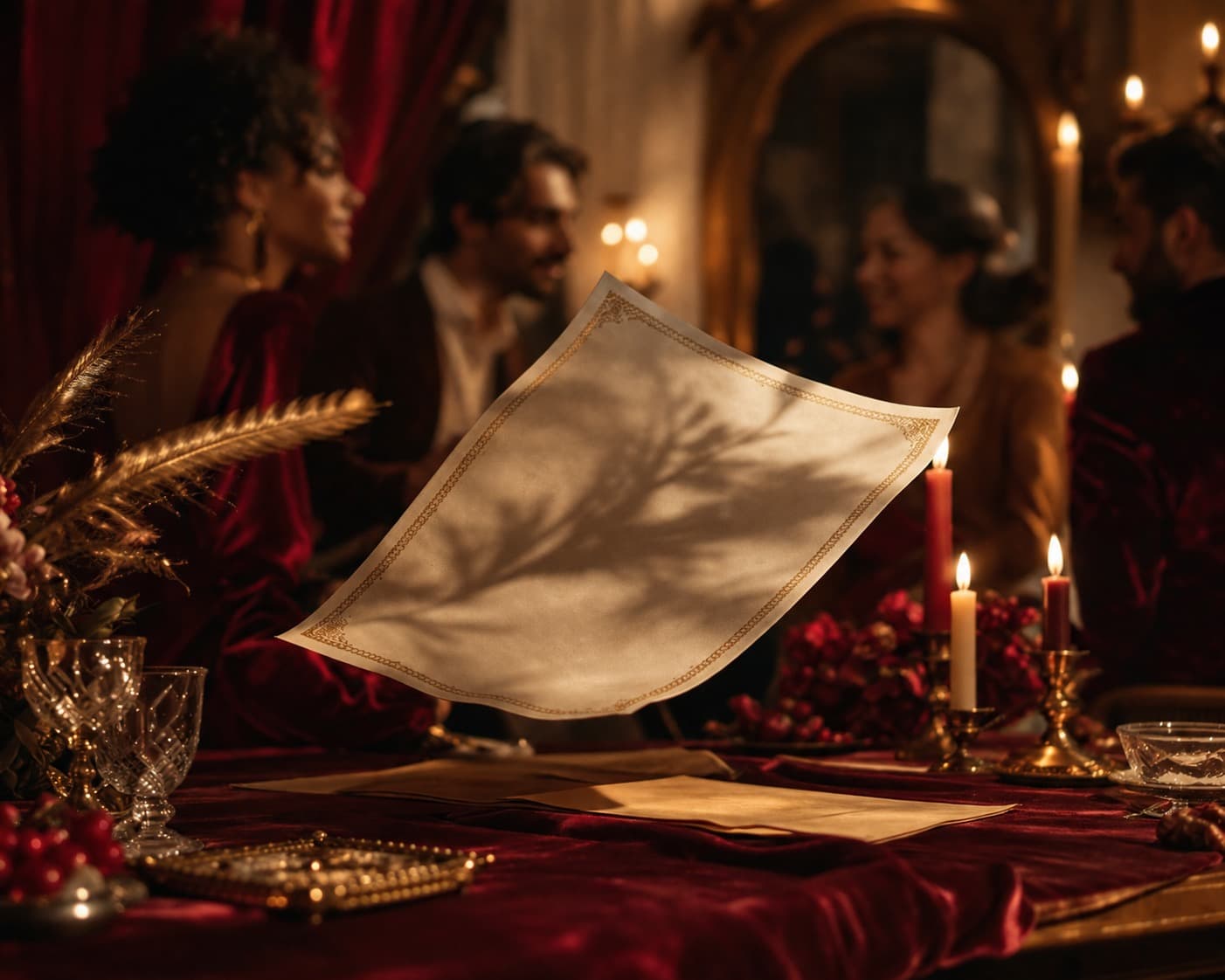 Invitation film keyframe: a paper invite lifting above a candlelit party table