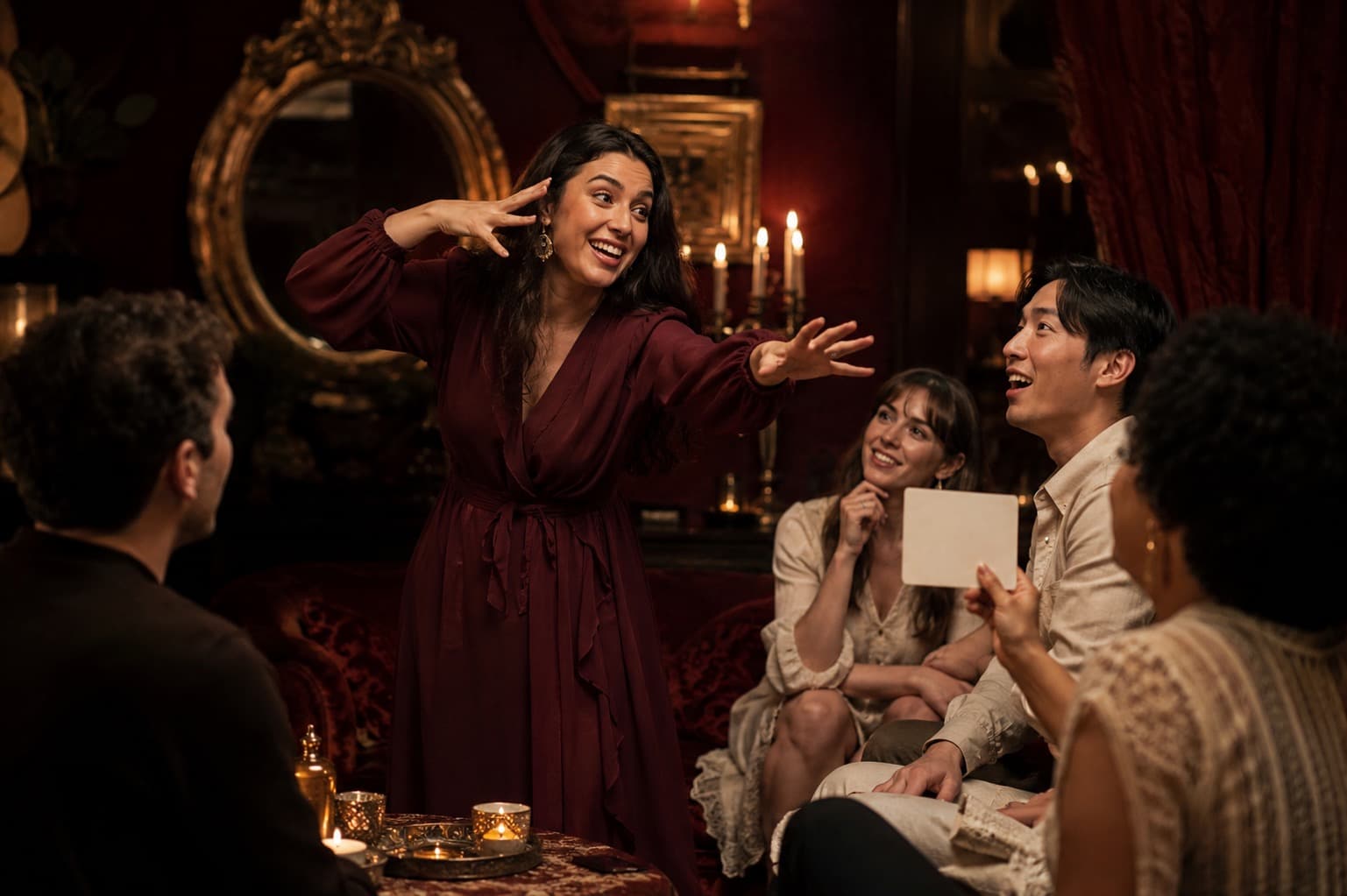 Adult guest acting out a prompt while friends guess during charades