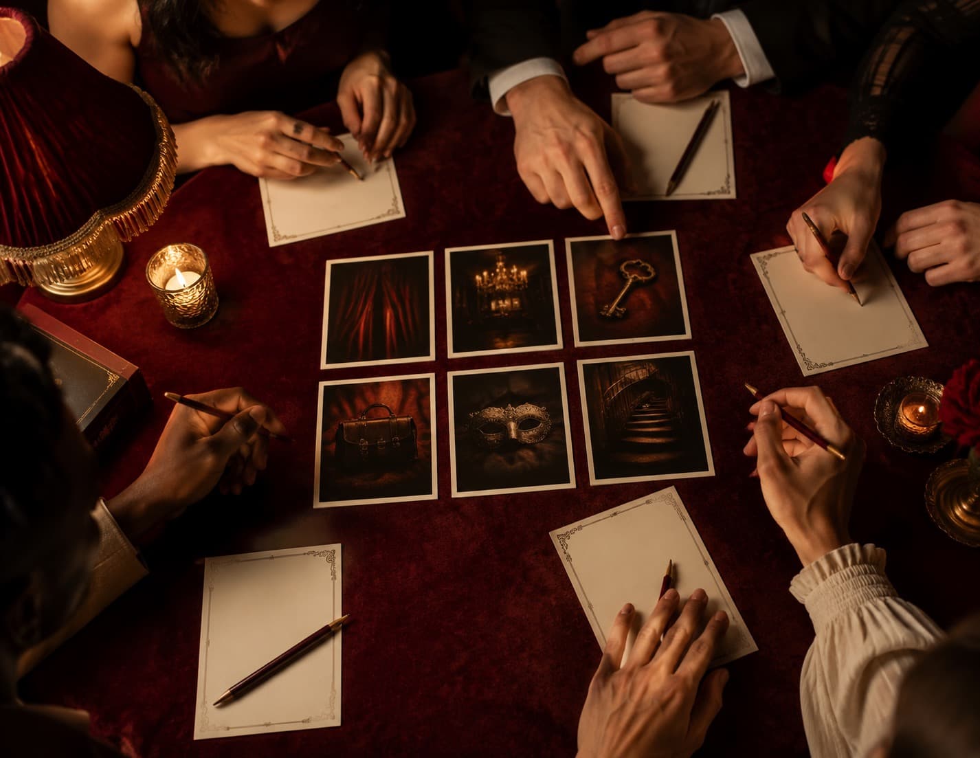 Overhead view of photographic clue cards, pencils and answer sheets during a party game
