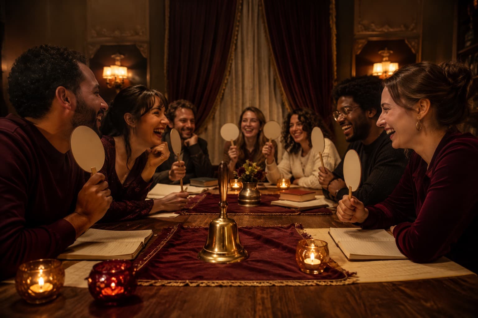 Home trivia table with a brass desk bell, blank answer paddles and teams playing