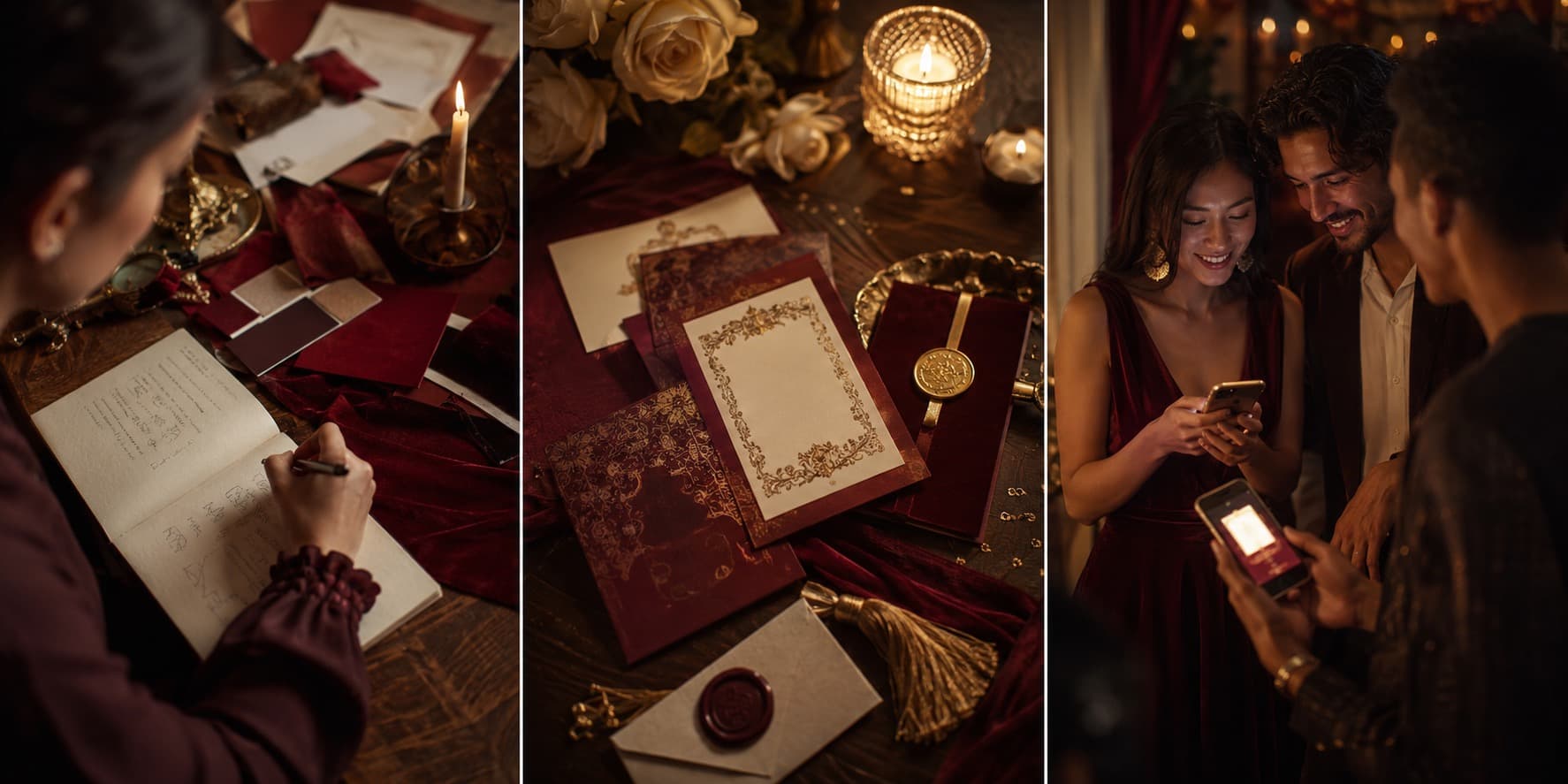 Three connected scenes: a handwritten party brief, designed invitation materials, and guests receiving an invite on a phone