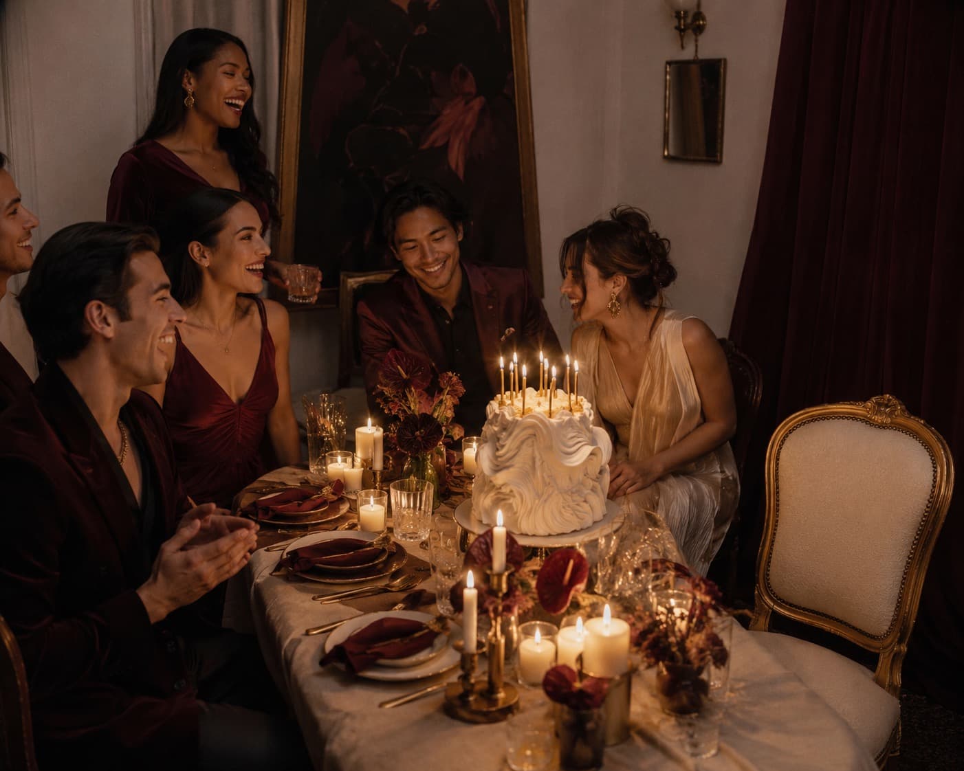 Birthday dinner table in a compact home with a sculptural cake and candlelight