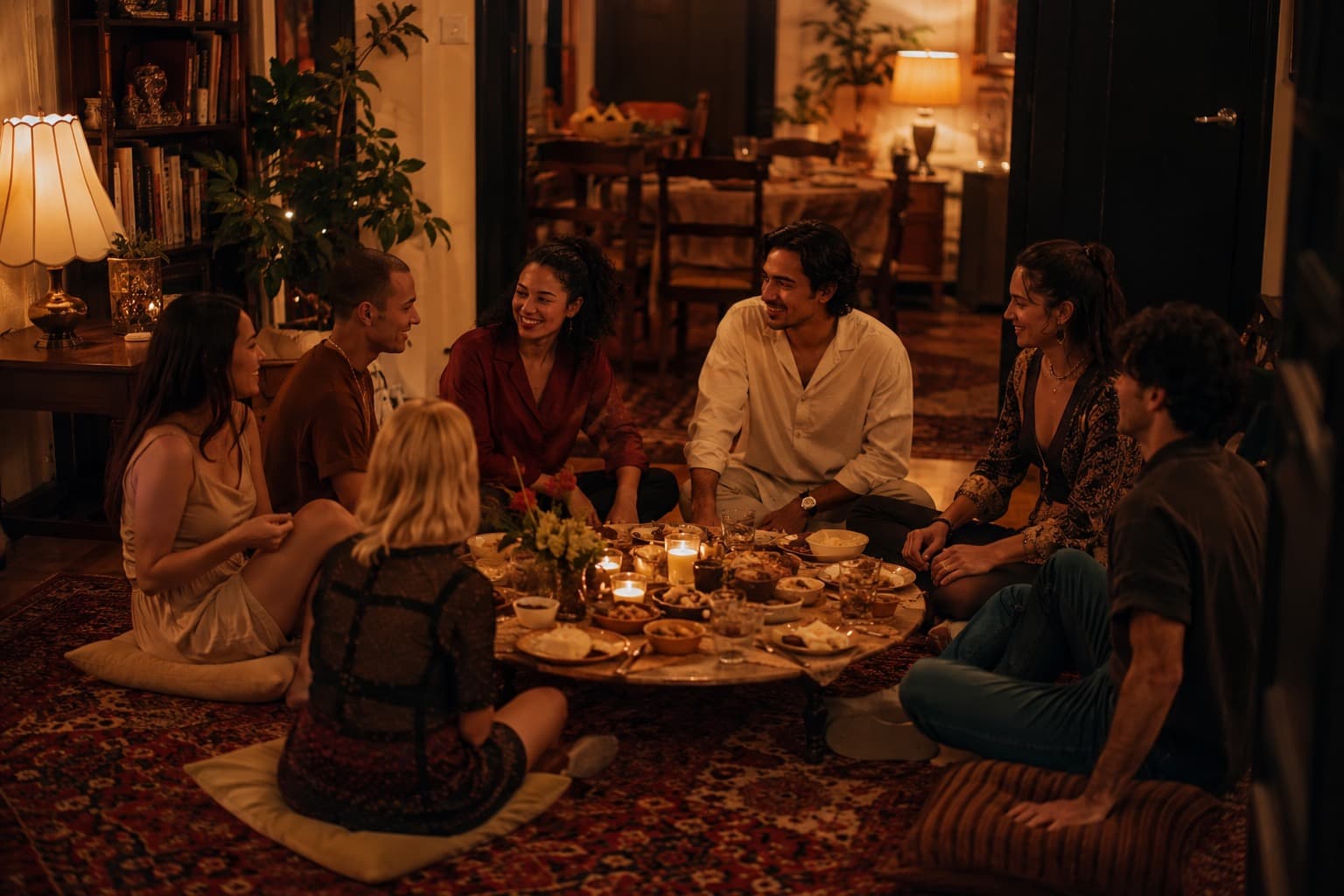 Friends gathered on floor cushions around a low table in a warmly lit flat