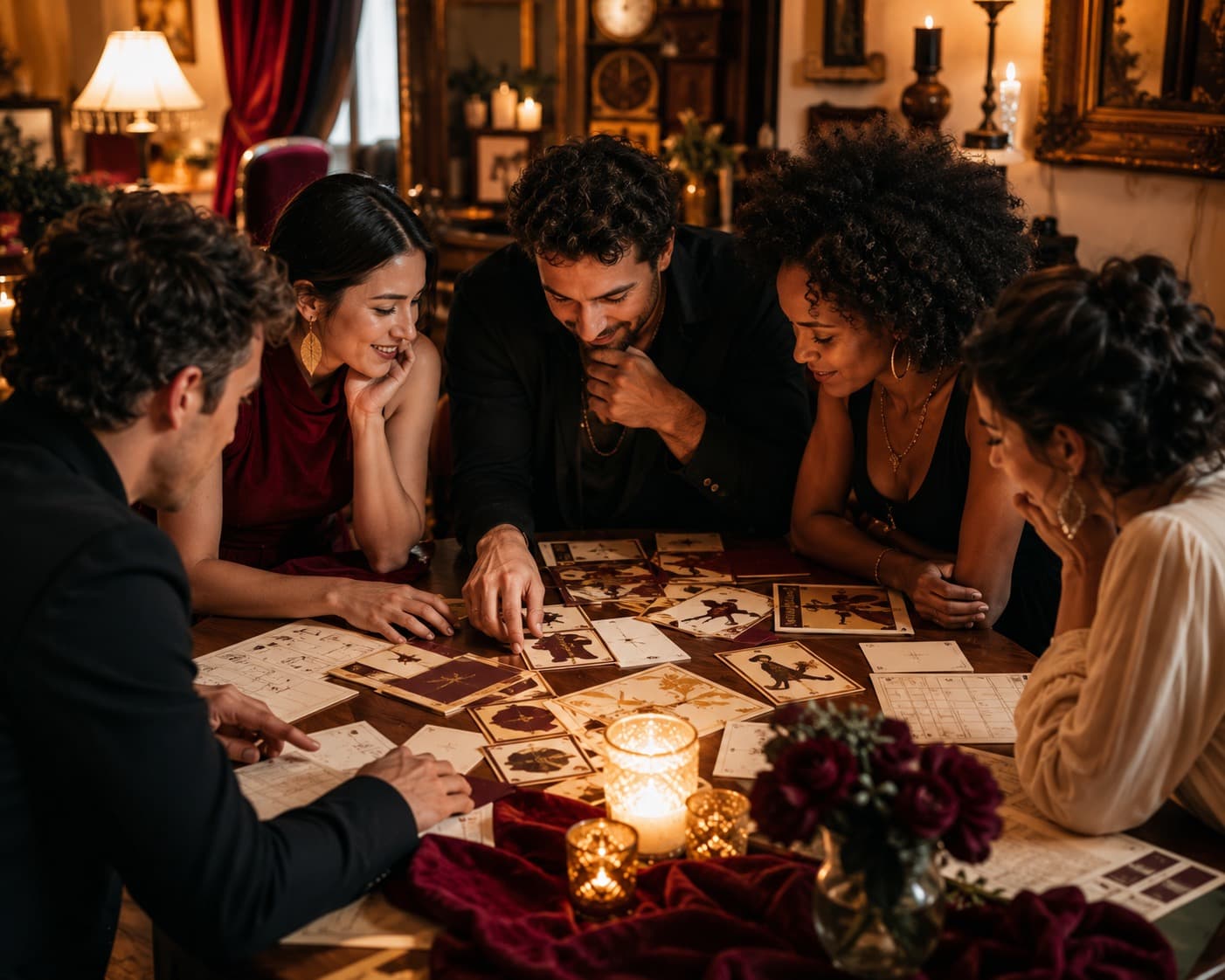 Friends leaning over handmade picture clue cards and answer sheets at a home table